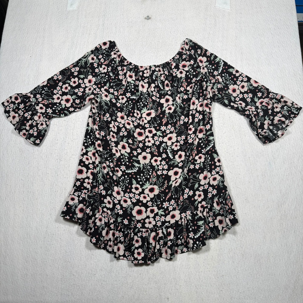 Terra & Sky Womens 1X Floral Off Shoulder Ruffle Hem Bell Sleeve Tunic Top Black